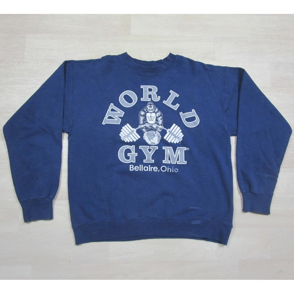 Vintage Y2K World Gym‎ Crew Neck Sweatshirt Mens (M) Gym Navy Blue Bellaire OH